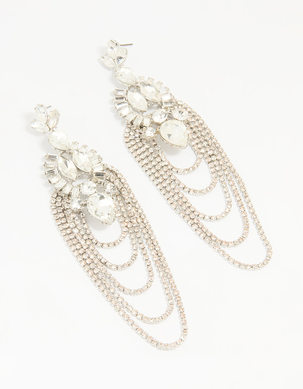 Silver Diamante Layered Chain Drop Earrings