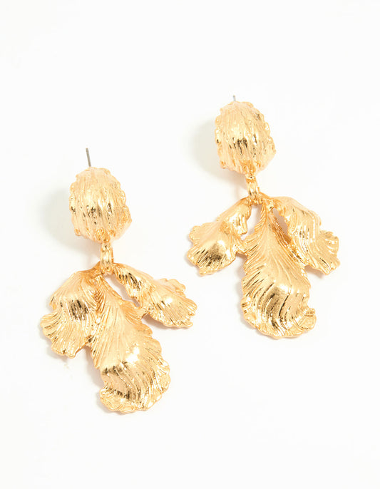 Worn Gold Floral Leaf Drop Earrings