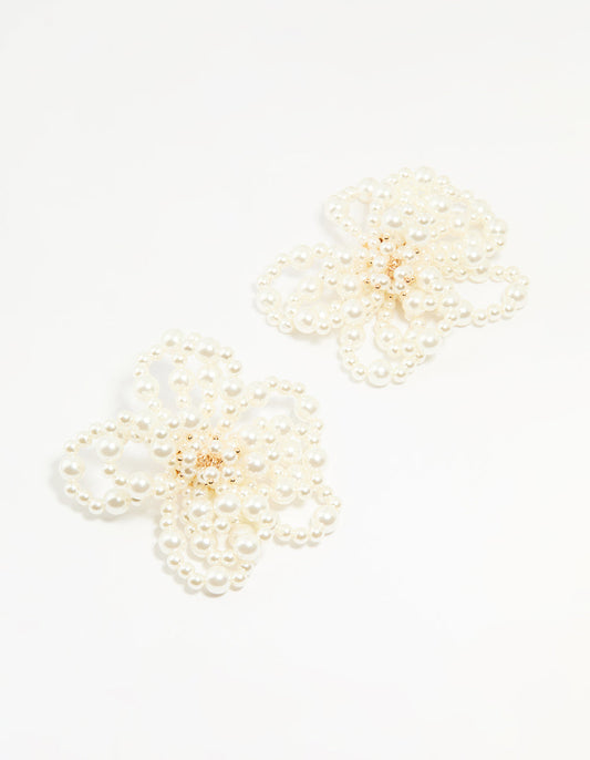 Gold Pearl Floral Stud Earrings