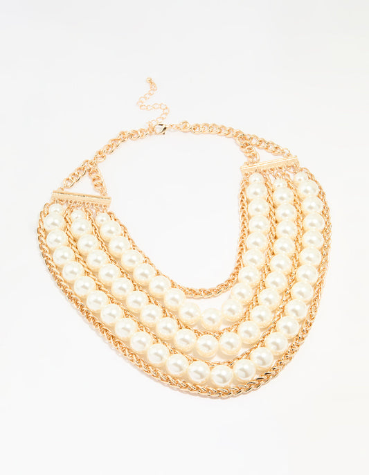 Gold Pearl Chain Layered Statement Necklace