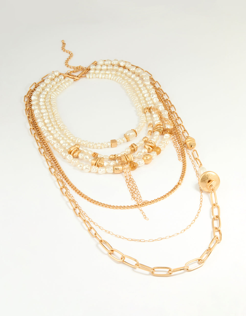 Worn Gold Pearl Layered Chain Necklace