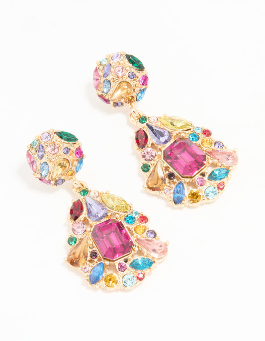 Gold Multicoloured Diamante Teardrop Drop Earrings