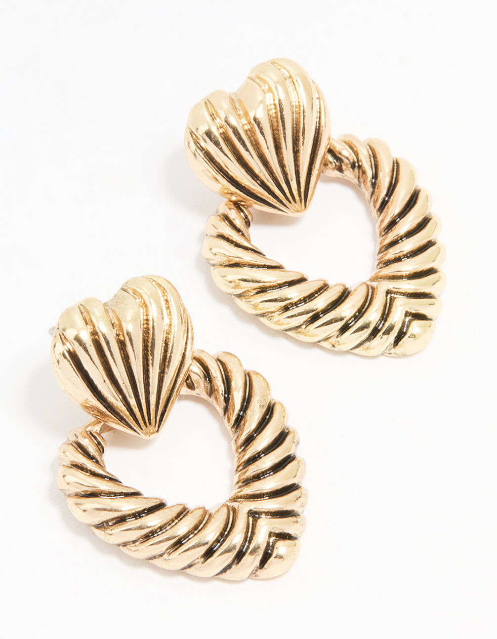 Antique Gold Ribbed Heart Doorknocker Earrings