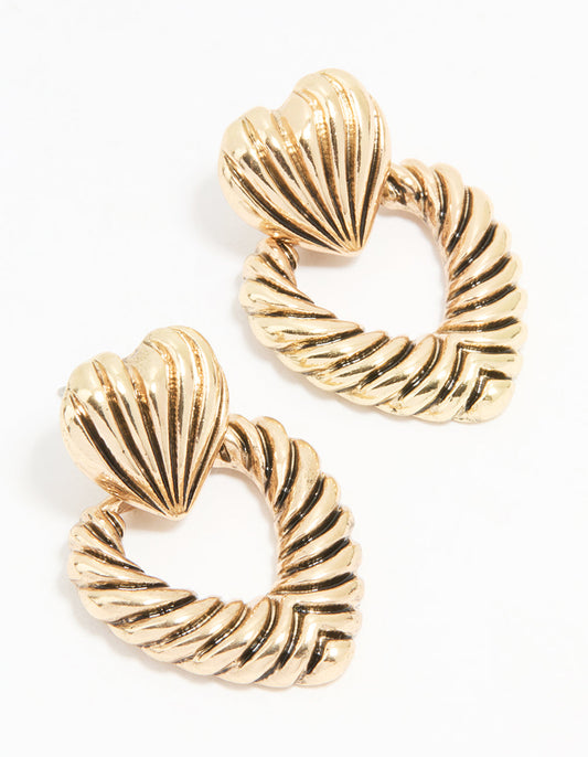 Antique Gold Ribbed Heart Doorknocker Earrings