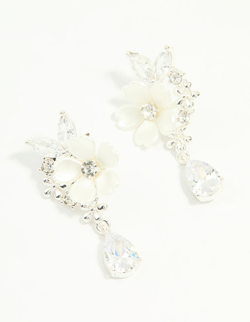 Silver Plated Cubic Zirconia Flower Drop Earrings