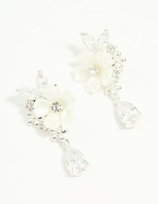 Silver Plated Cubic Zirconia Flower Drop Earrings