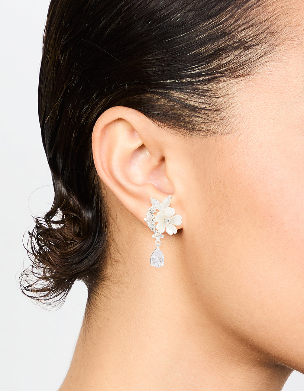 Silver Plated Cubic Zirconia Flower Drop Earrings