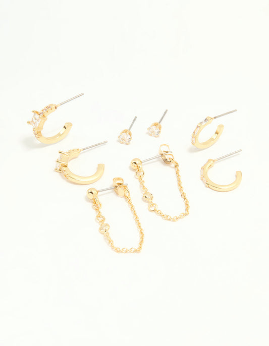 Gold Plated Cubic Zirconia Baguette Hoop & Chain Earrings 4-Pack
