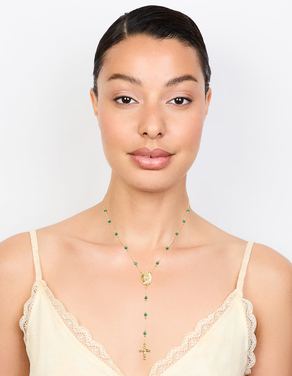 Gold Plated Green Semi Precious Stone Cross Y-Necklace