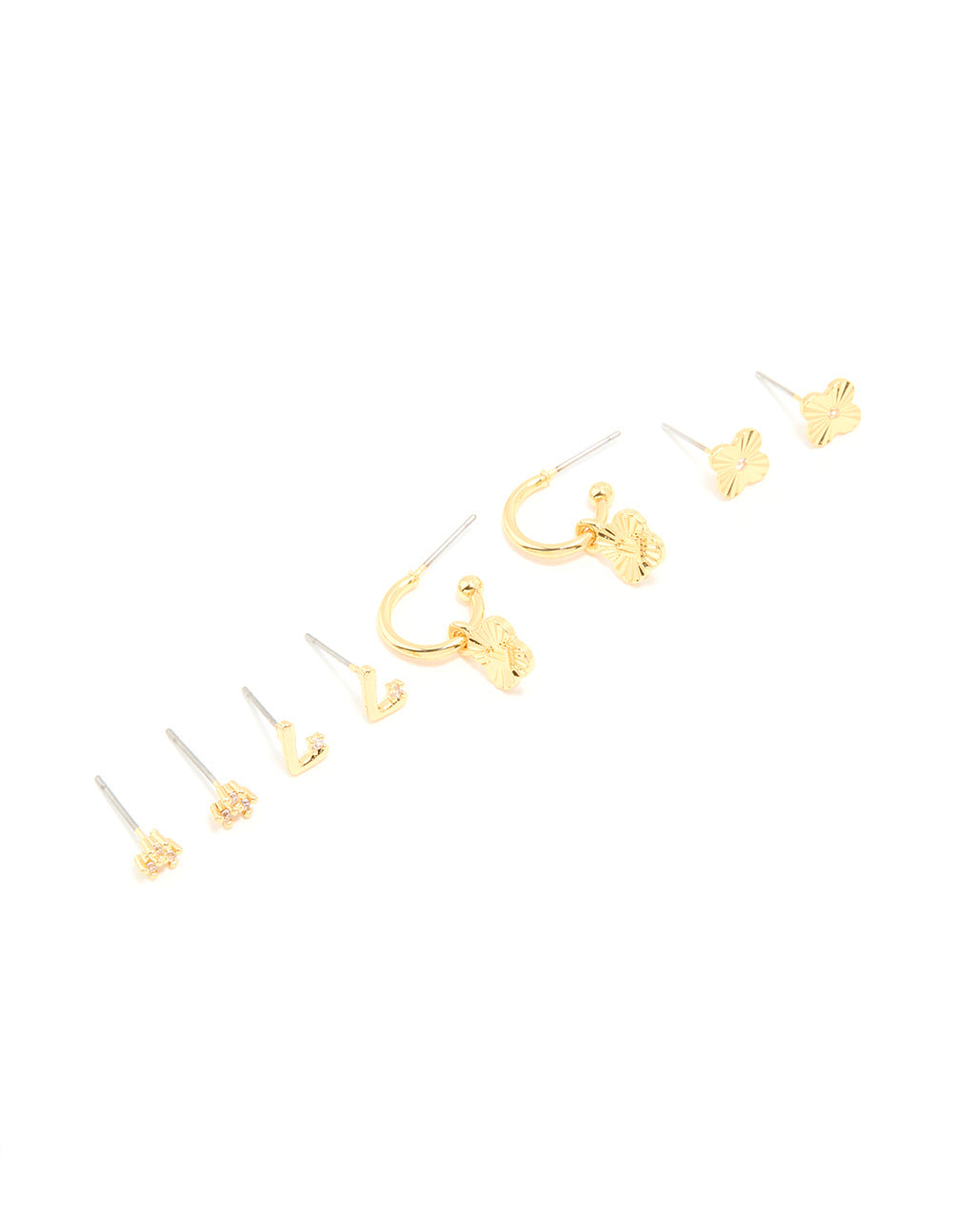 Gold Plated Cubic Zirconia Letter L & Dainty Flower Earrings 4-Pack