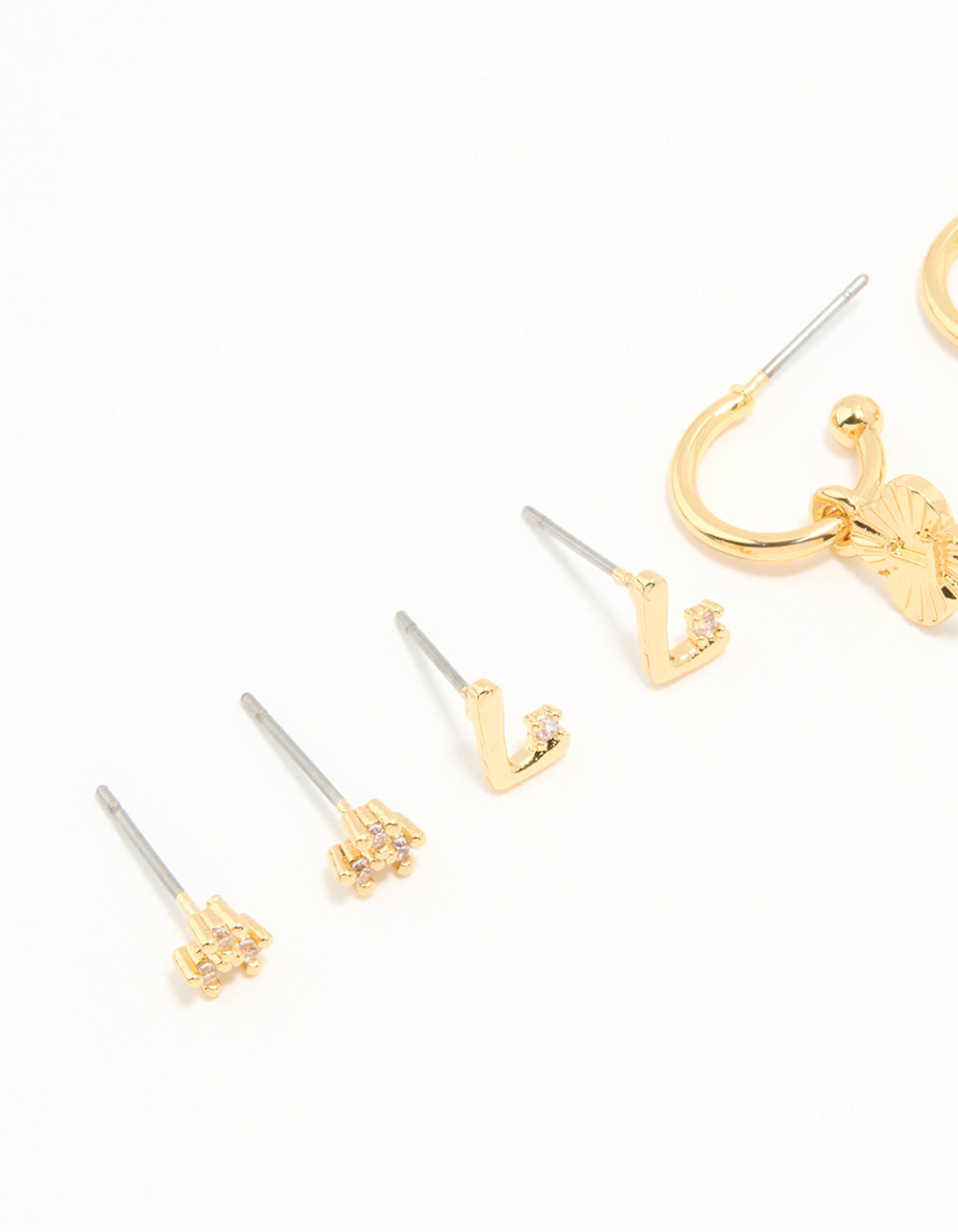 Gold Plated Cubic Zirconia Letter L & Dainty Flower Earrings 4-Pack