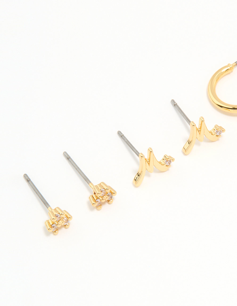 Gold Plated Cubic Zirconia Letter M Dainty Flower Earrings Pack