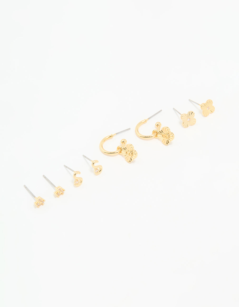 Gold Plated Cubic Zirconia Letter S & Flower Earrings 4-Pack