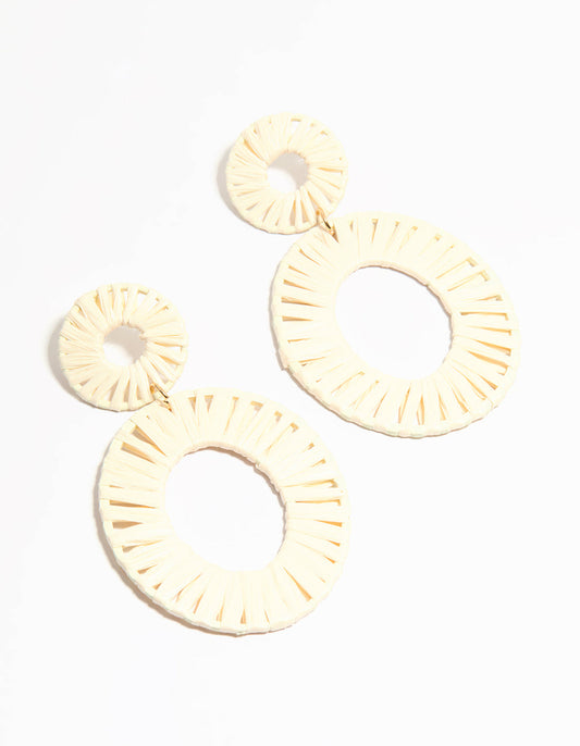 Cream Raffia Fabric Double Disc Drop Earrings