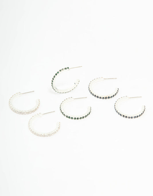 Silver Emerald Diamante Pavé Hoop Earrings 3-Pack