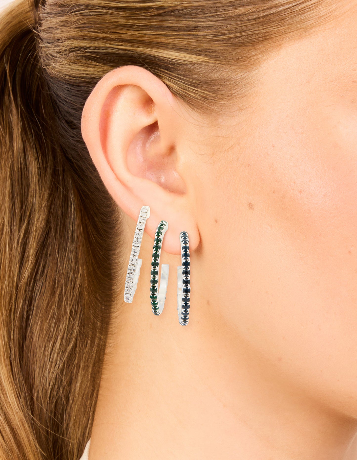 Silver Emerald Diamante Pavé Hoop Earrings 3-Pack
