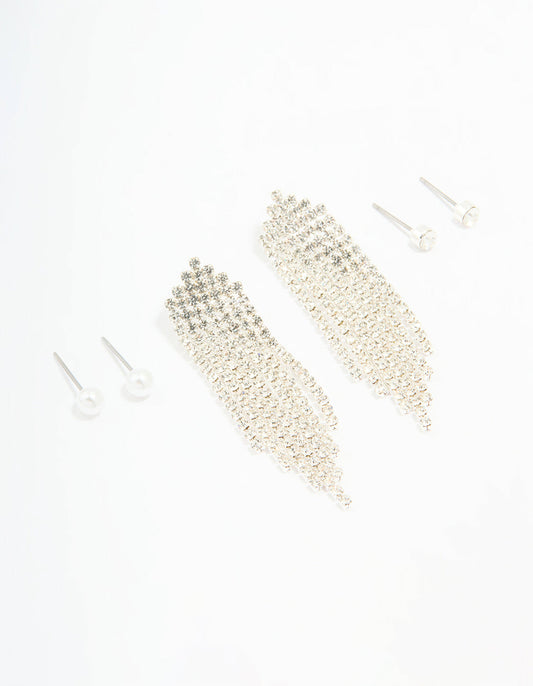 Silver Pearl Stud & Diamante Cupchain Earrings 3-Pack