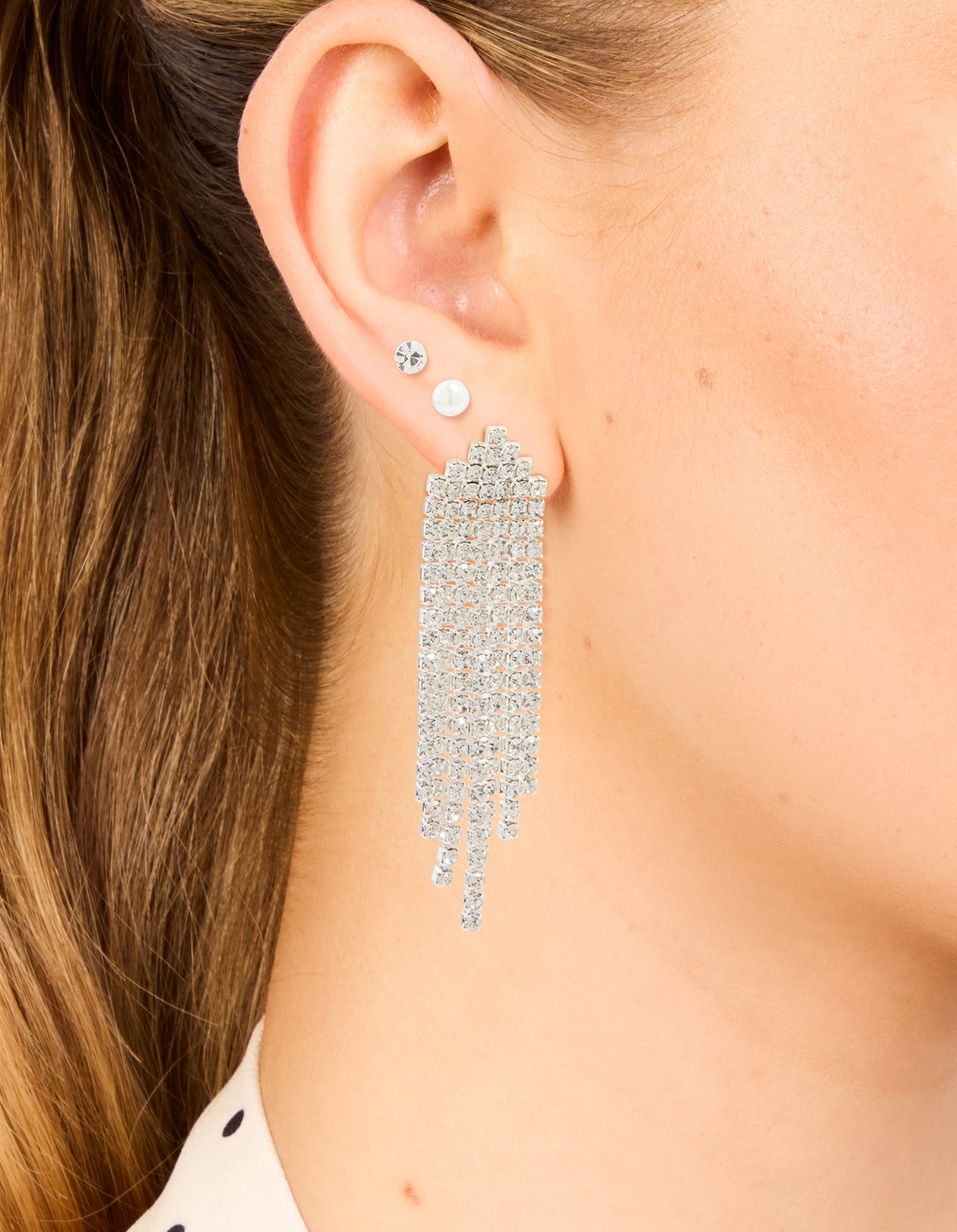 Silver Pearl Stud & Diamante Cupchain Earrings 3-Pack