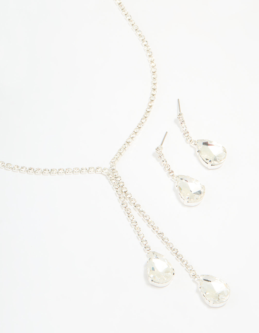 Silver Diamante Pearl Drop Y-Necklace & Earrings Set