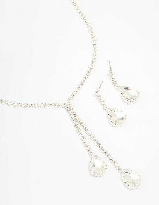 Silver Diamante Pearl Drop Y-Necklace & Earrings Set
