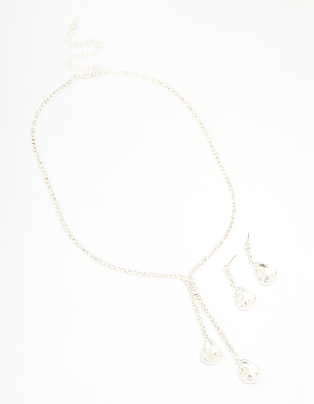 Silver Diamante Pearl Drop Y-Necklace & Earrings Set