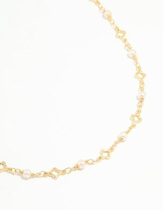 Gold Plated Pearl Flower Outline Necklace
