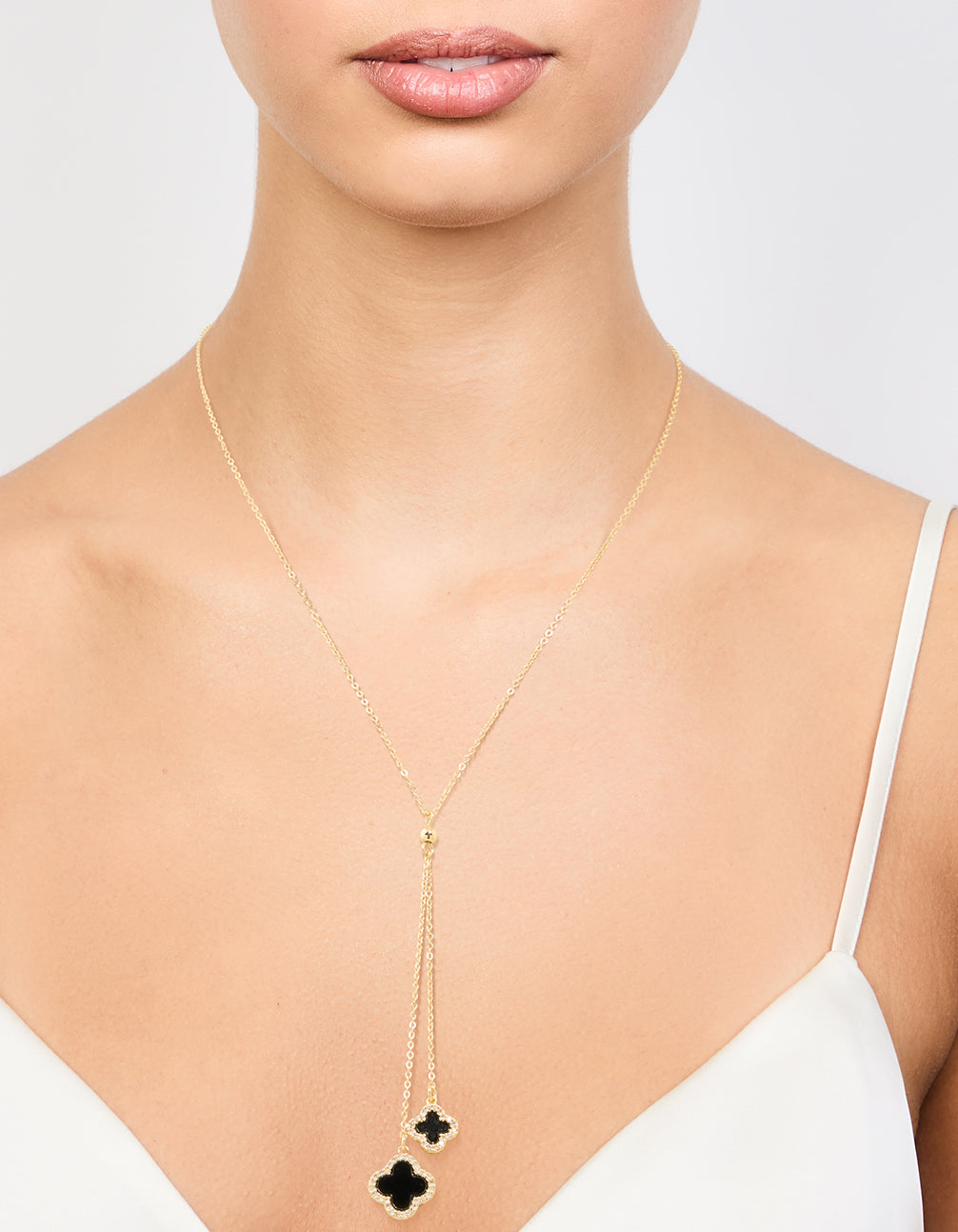 Gold Plated Cubic Zirconia Black Outline Flower Y-Necklace