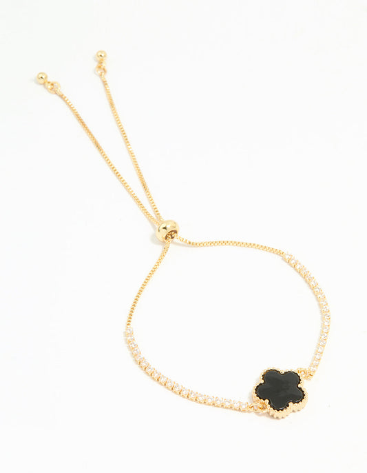 Gold Plated Cubic Zirconia Black Mini Flower Toggle Bracelet
