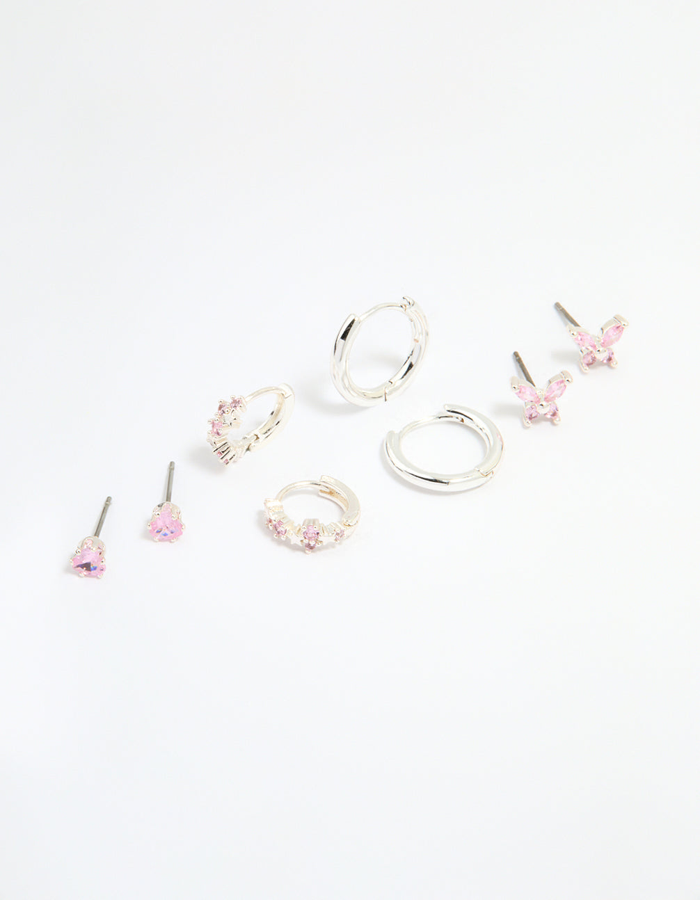 Silver Plated Brass Pink Cubic Zirconia Pave & Butterfly Stud Earrings 4-Pack