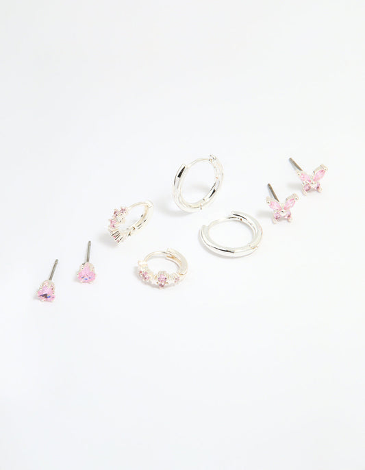 Silver Plated Brass Pink Cubic Zirconia Pave & Butterfly Stud Earrings 4-Pack