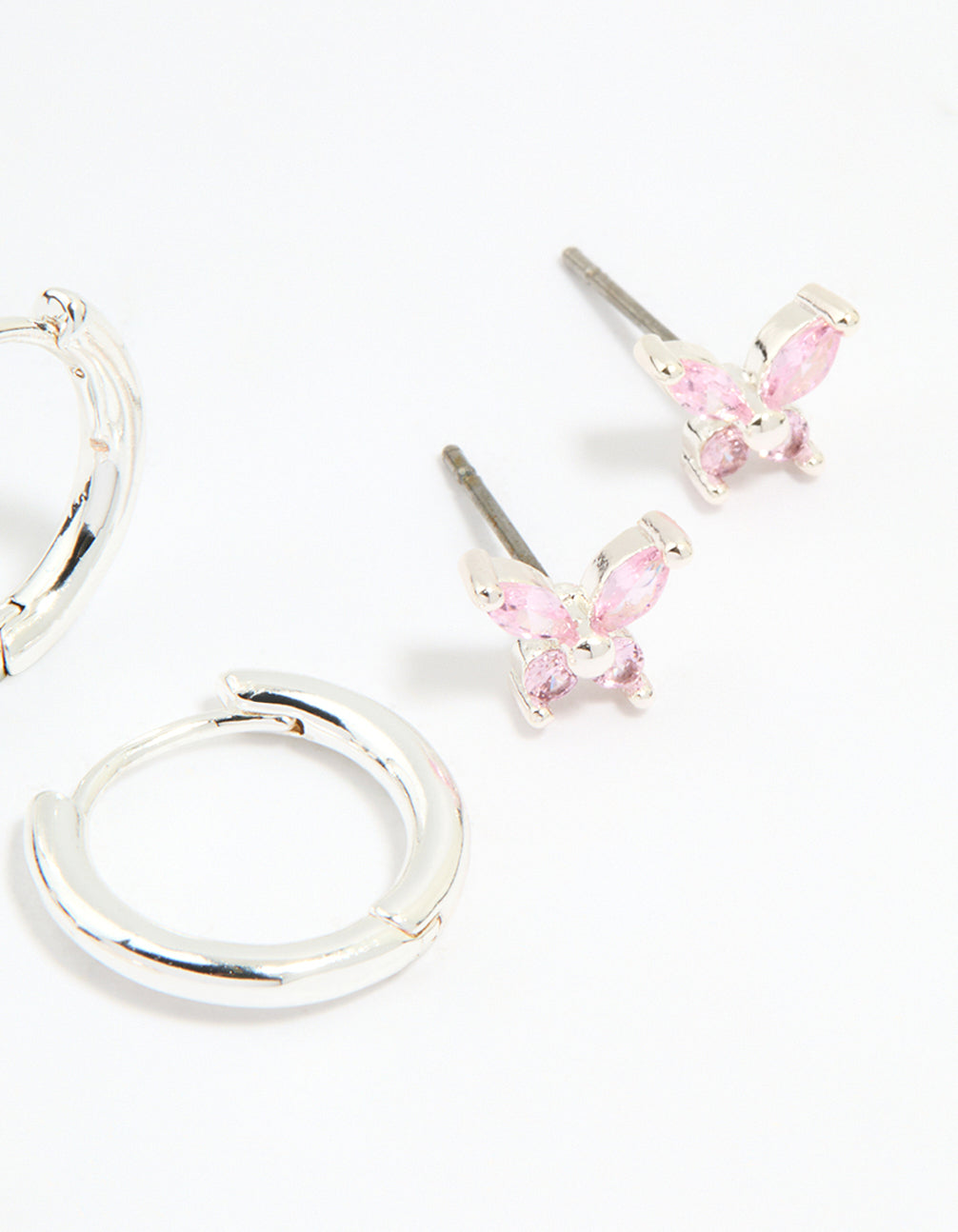 Silver Plated Brass Pink Cubic Zirconia Pave & Butterfly Stud Earrings 4-Pack