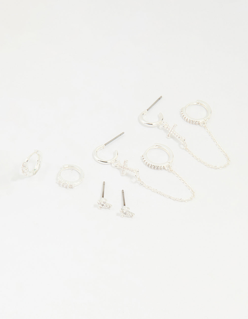Silver Plated Brass Cubic Zirconia Cross Stud & Chain Earrings 4-Pack