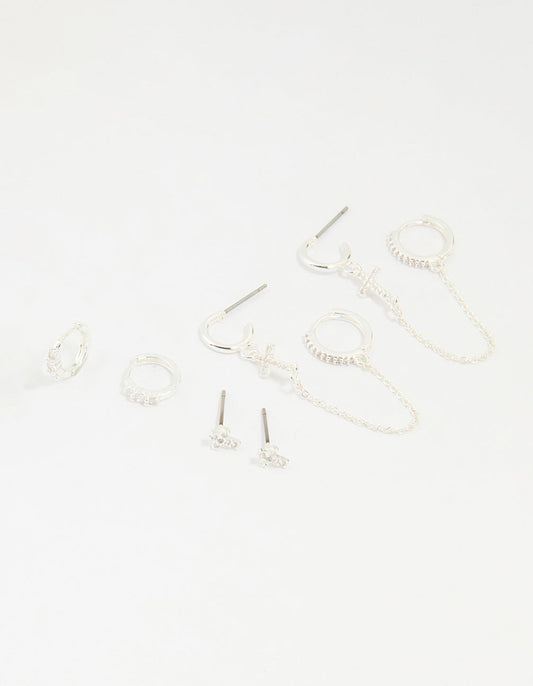 Silver Plated Brass Cubic Zirconia Cross Stud & Chain Earrings 4-Pack