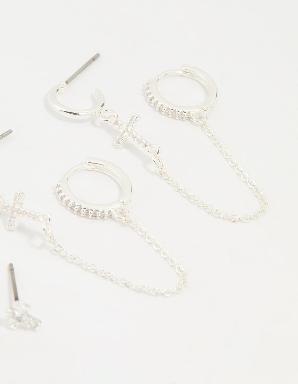 Silver Plated Brass Cubic Zirconia Cross Stud & Chain Earrings 4-Pack
