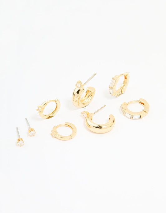 Gold Plated Brass Cubic Zirconia Huggie & Stud Earrings 4-Pack