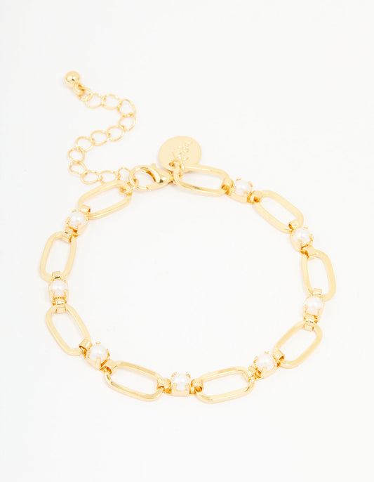 Gold Plated Brass Pearl Oval Link Chain Bracelet