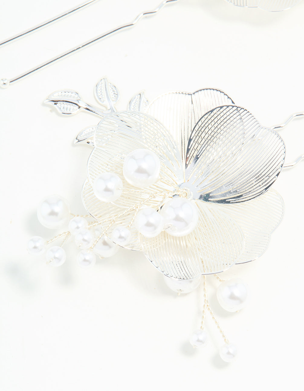 Silver Pearl Laser-Cut Flower Hair Pins 2-Pack