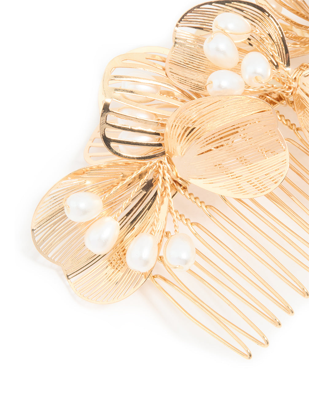 Gold Pearl & Laser Cut Flower Hair Comb