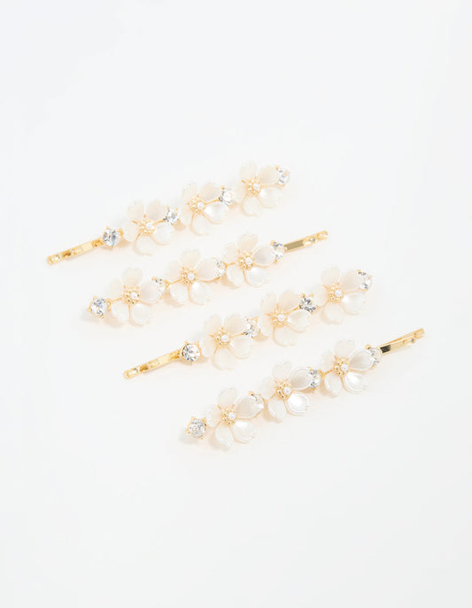 Gold Pearl Diamante Flower Hair Clips 3-Pack
