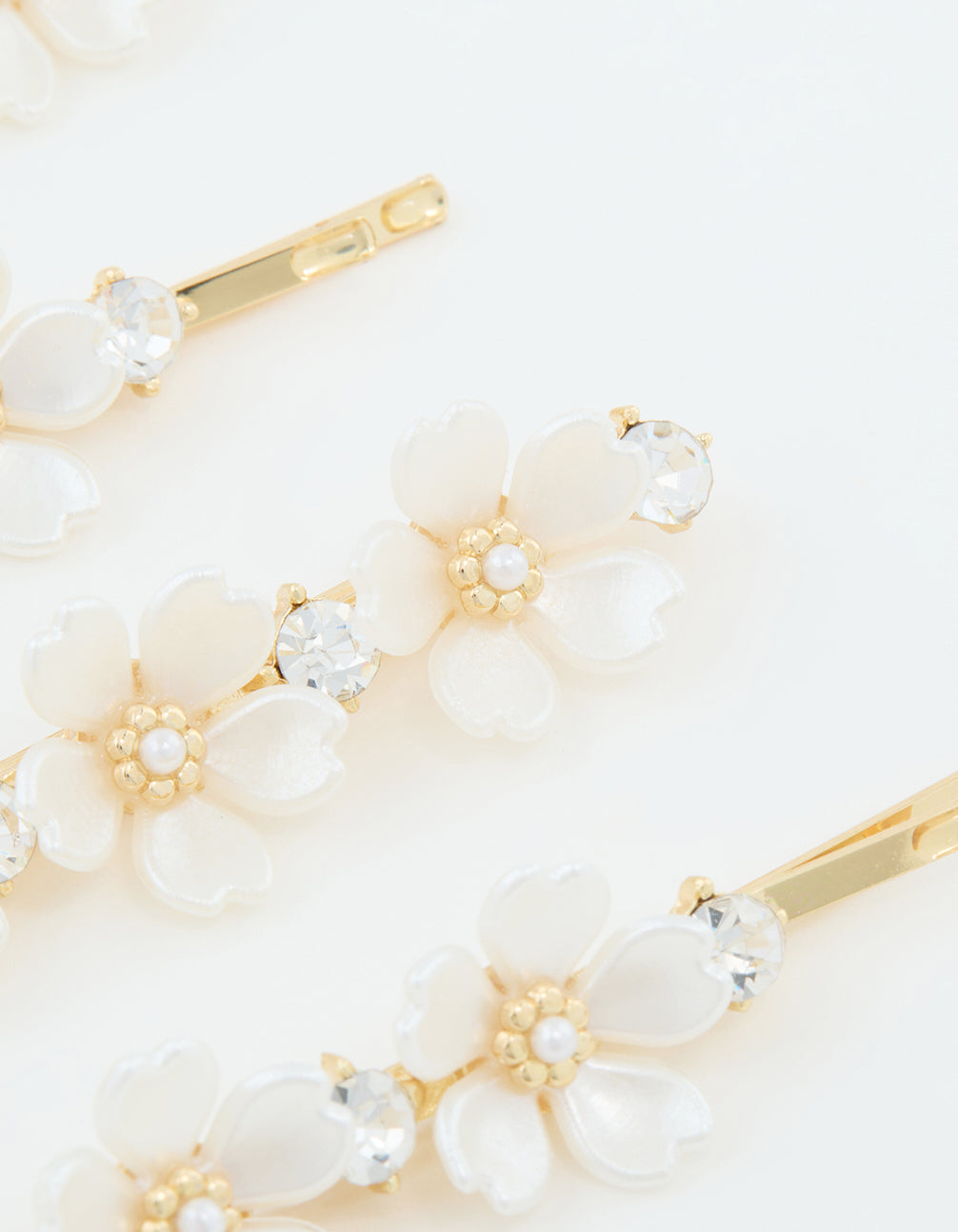 Gold Pearl Diamante Flower Hair Clips 3-Pack