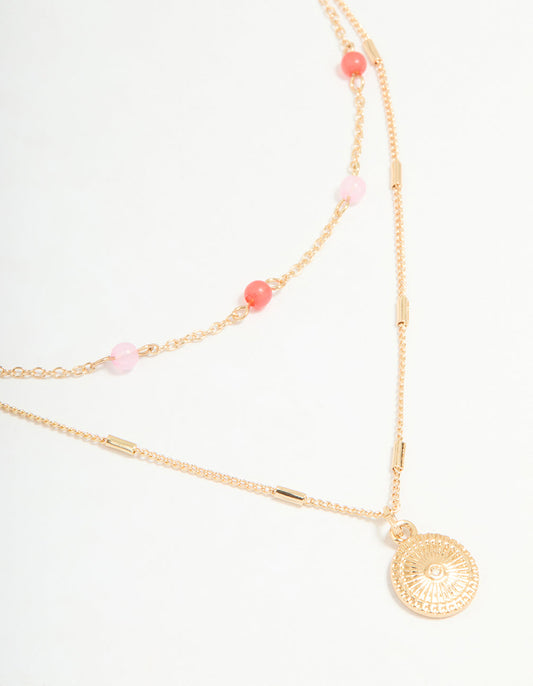 Gold Red & Pink Beaded & Pendant Layered Necklace