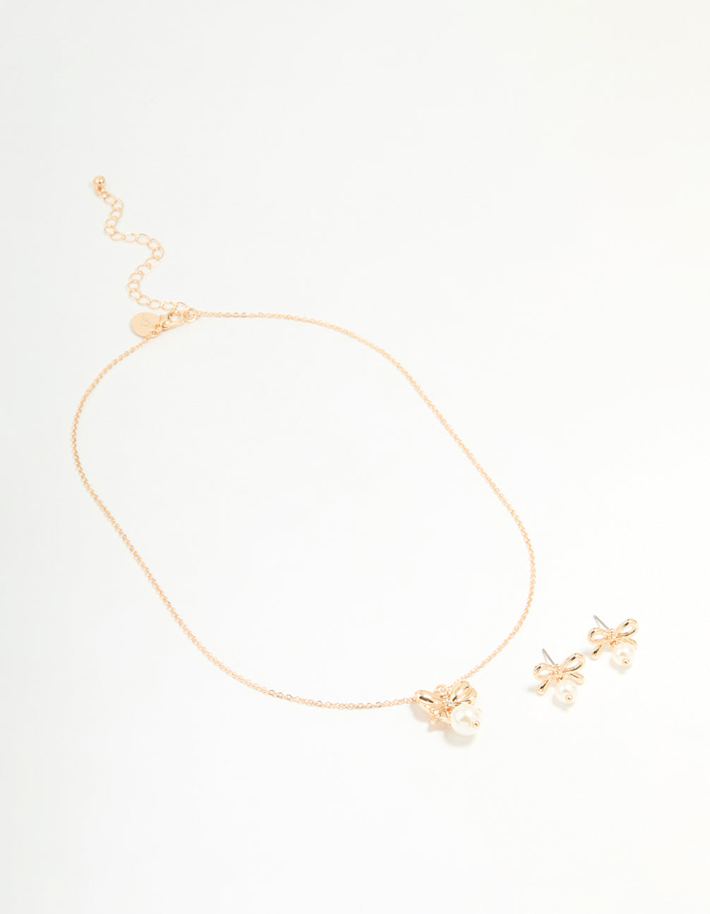 Gold Bow Pearl Necklace & Earrings Set