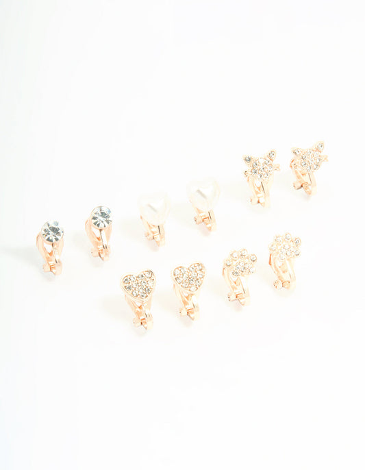 Kids Rose Gold Diamante Heart & Flower Clip On Earrings 5-Pack