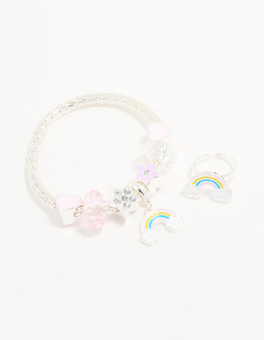 Kids Silver Beaded Rainbow Bracelet & Ring Pack