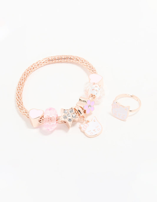 Kids Rose Gold Cat Bracelet & Ring Set