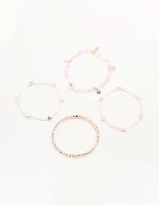 Kids Beaded & Pearl Heart Stretch Bracelets 4-Pack