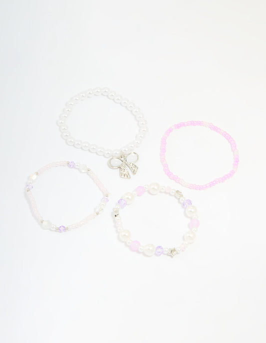 Kids Pink & White Beaded Stretch Bracelets Pack