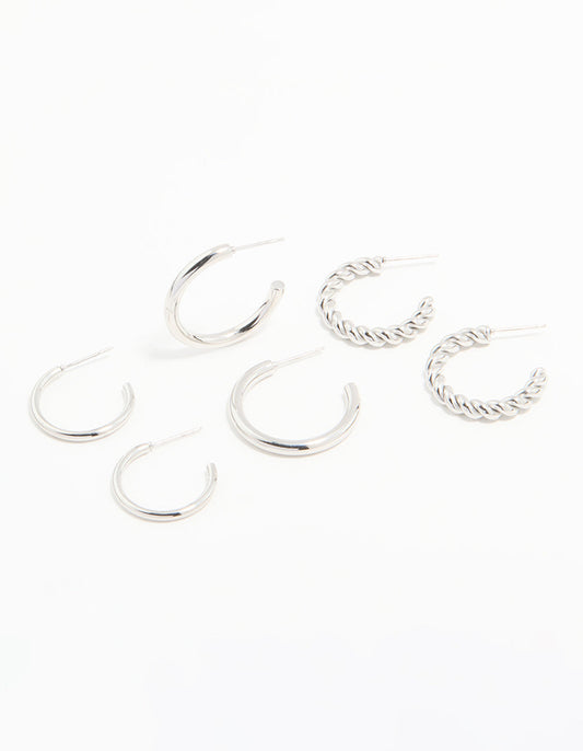 Waterproof Stainless Steel Twisted & Smooth Hoop Earrings 3-Pack