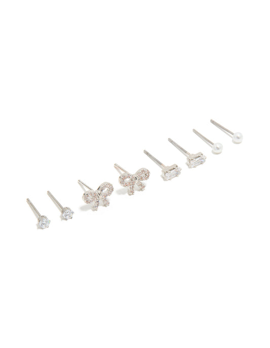 Waterproof Stainless Steel Cubic Zirconia & Peal Stud Earrings 4-Pack