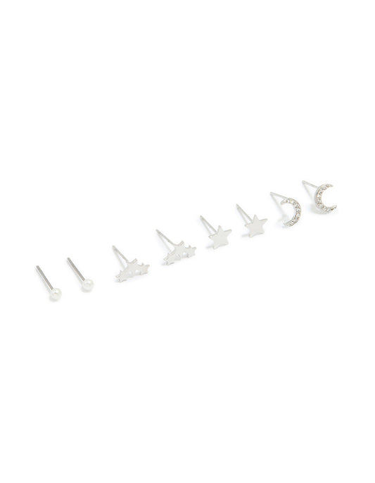 Waterproof Stainless Steel Cubic Zirconia & Pearl Celestial Stud Earrings 4-Pack